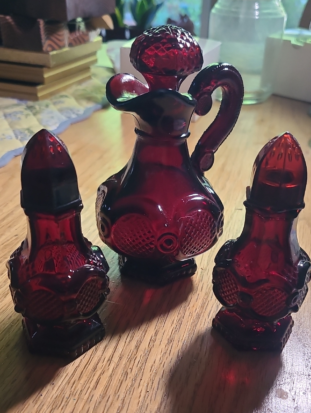 Vintage Ruby Red Glass Cruet and Salt & Pepper Shakers Set By AVO